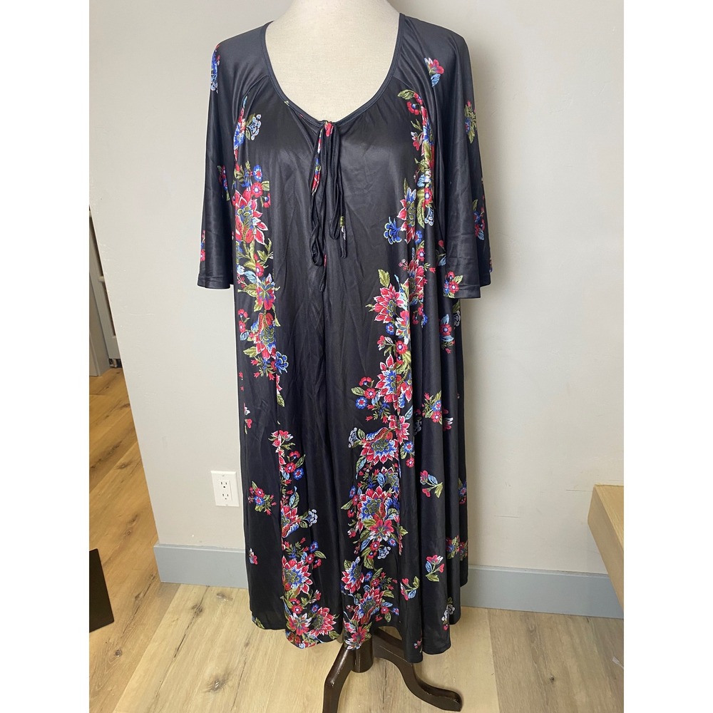 Only Necessities Vintage Floral Lounge Dress Black Pink Blue 2X 26/28 Nightgown